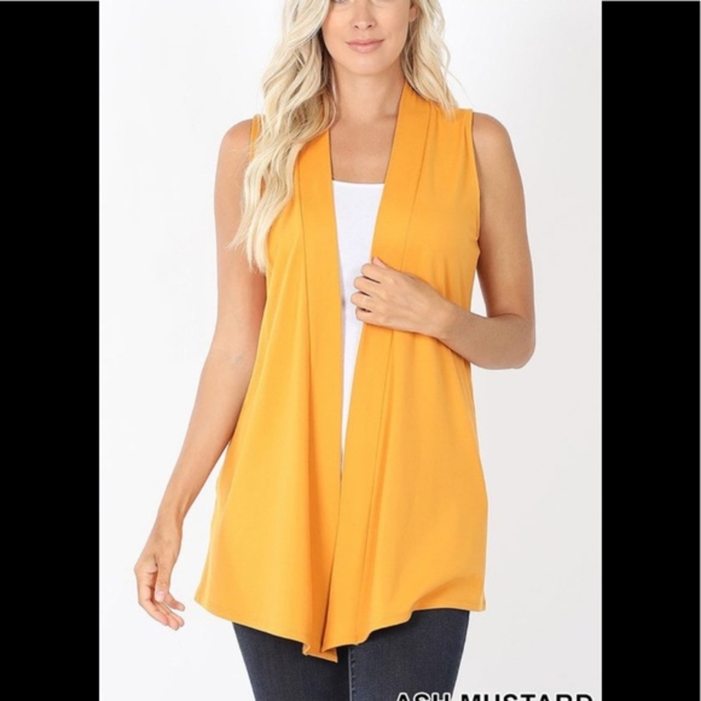 Zenana Open Front, Sleeveless Cardigan, Mustard